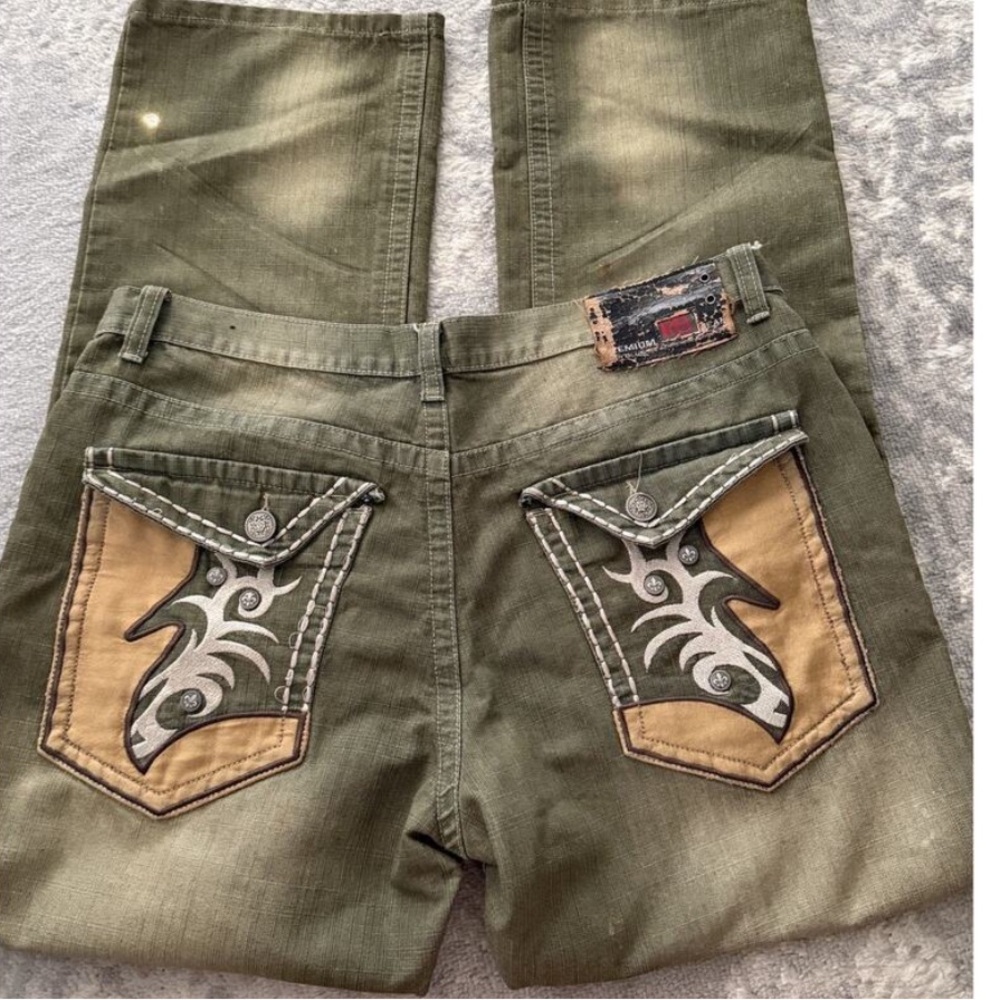 90s Raw Blue Jeans Men's Y2K Embroidered Olive Green Baggy Skater Grunge 36x32